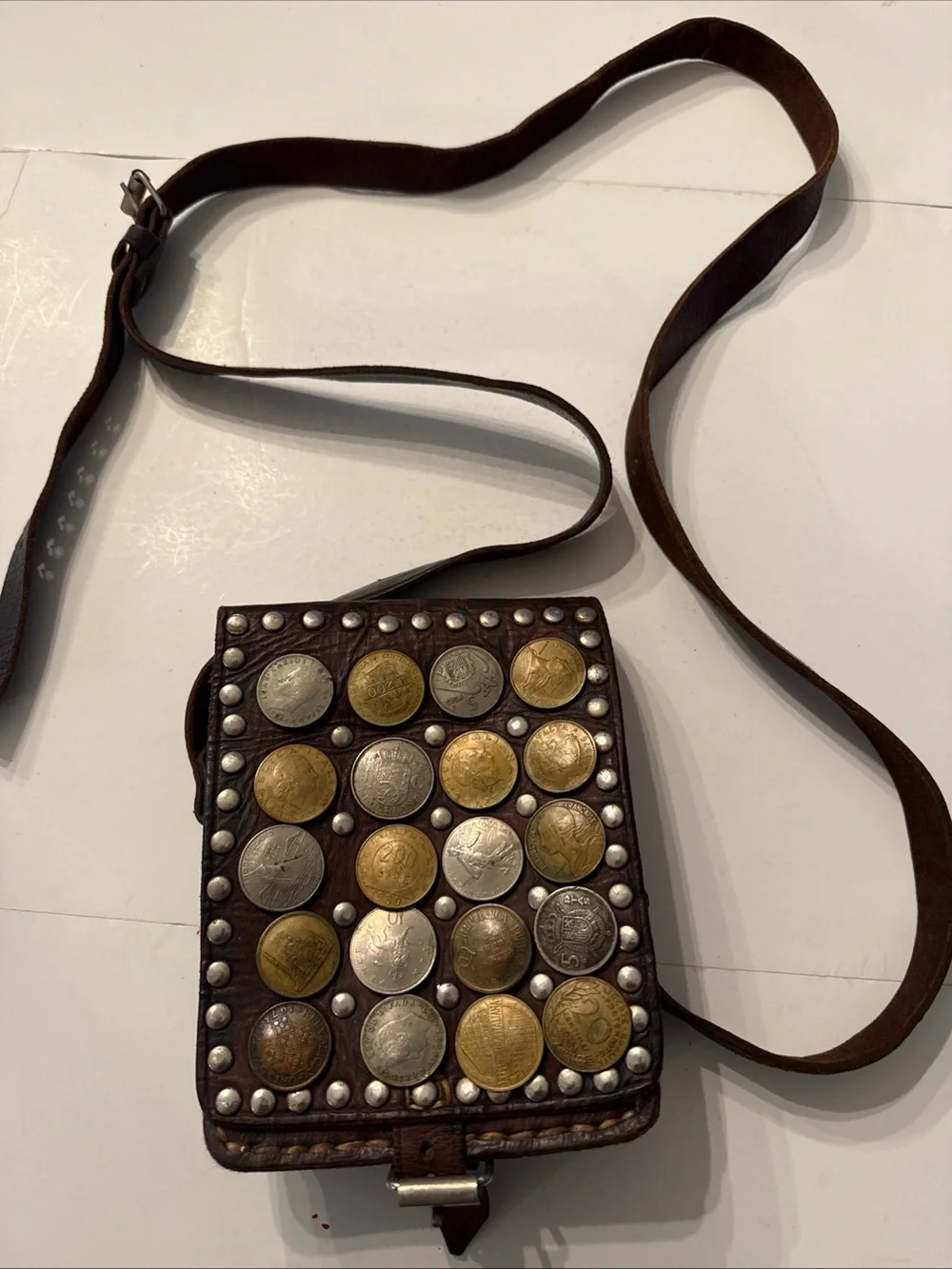Vintage Moroccan Brown Leather Crossbody Coin-Studded Bag